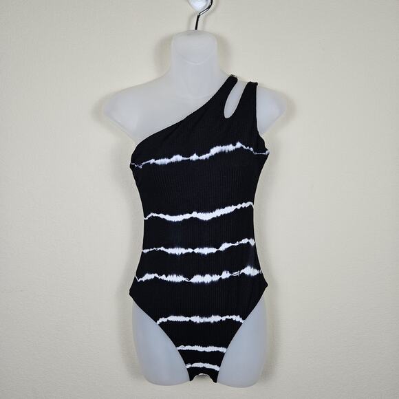 Becca Tie Dye One Shoulder One Piece Swimsuit Medium Black White Beach Travel - Picture 1 of 16